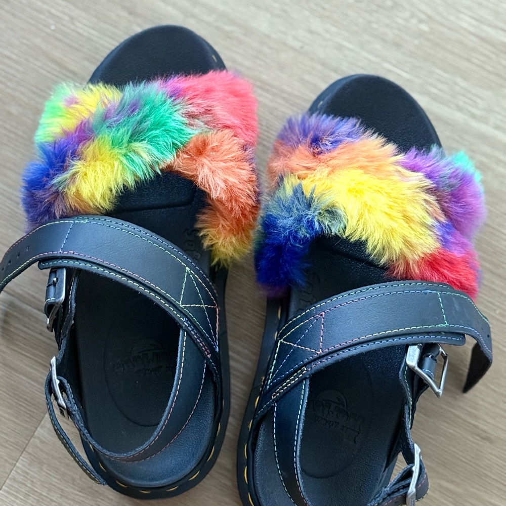 Dr. Martens Black Sandals with Rainbow Faux Fur